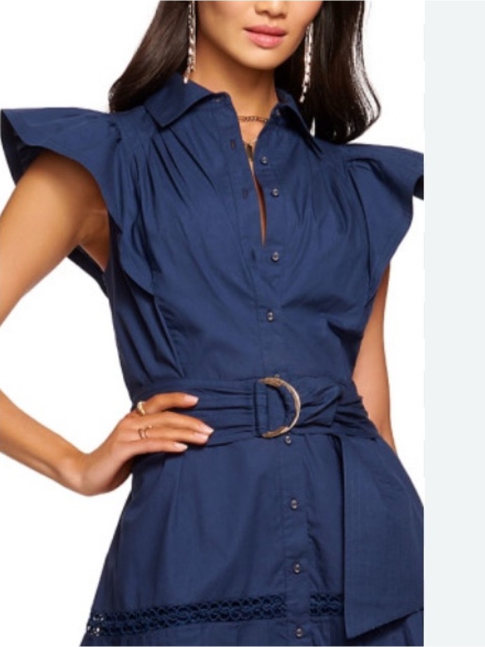 Ramy Brook Navy Ruffled Sleeve Button-Front Dress with Belt